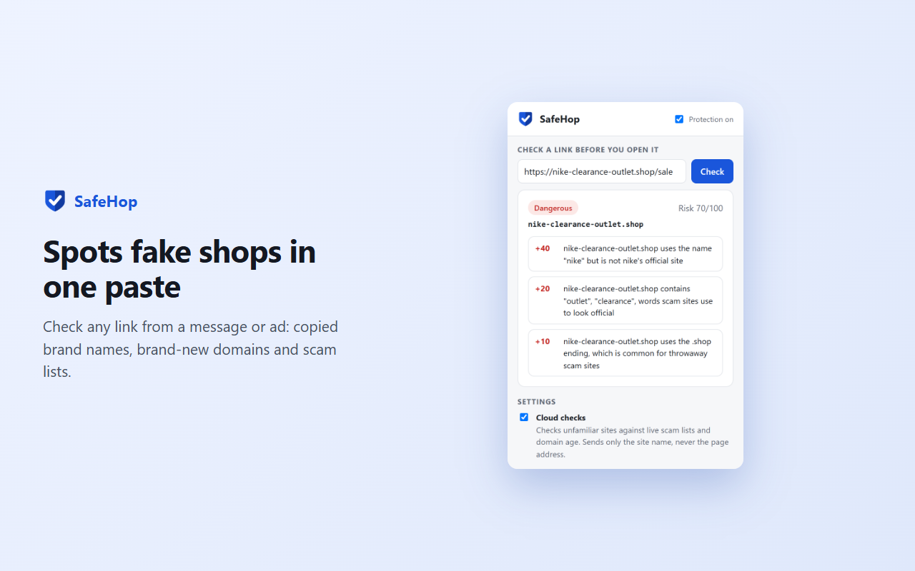 SafeHop popup flagging a fake online shop link before it is opened