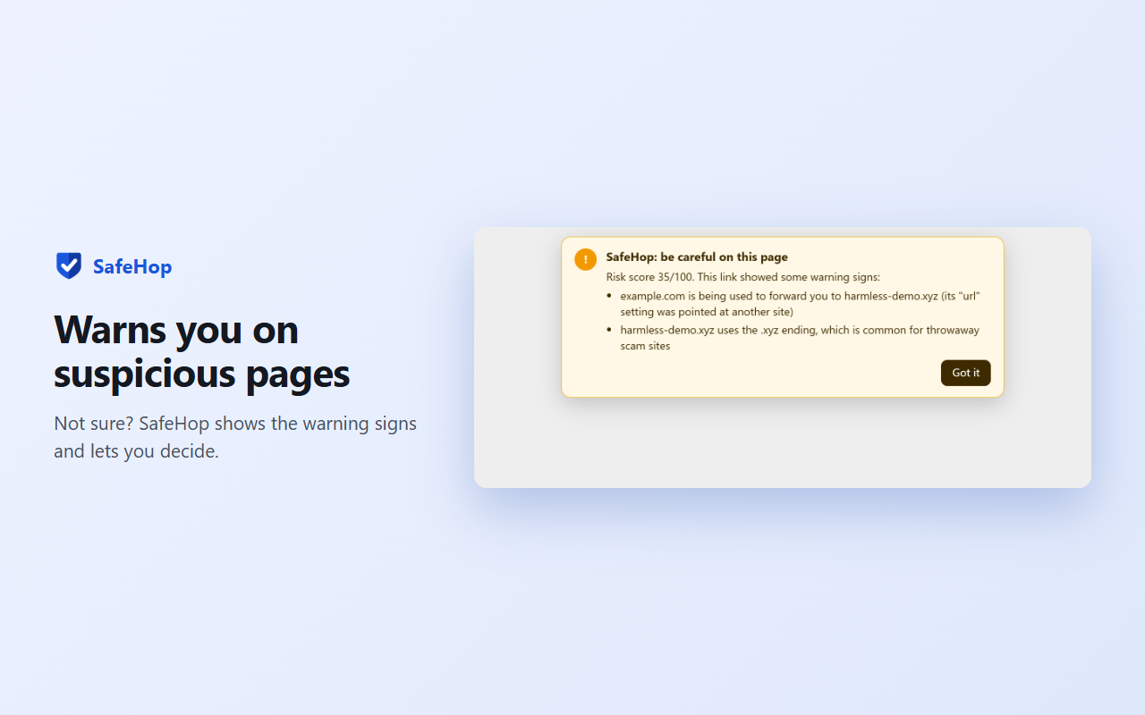 SafeHop warning banner on a suspicious page